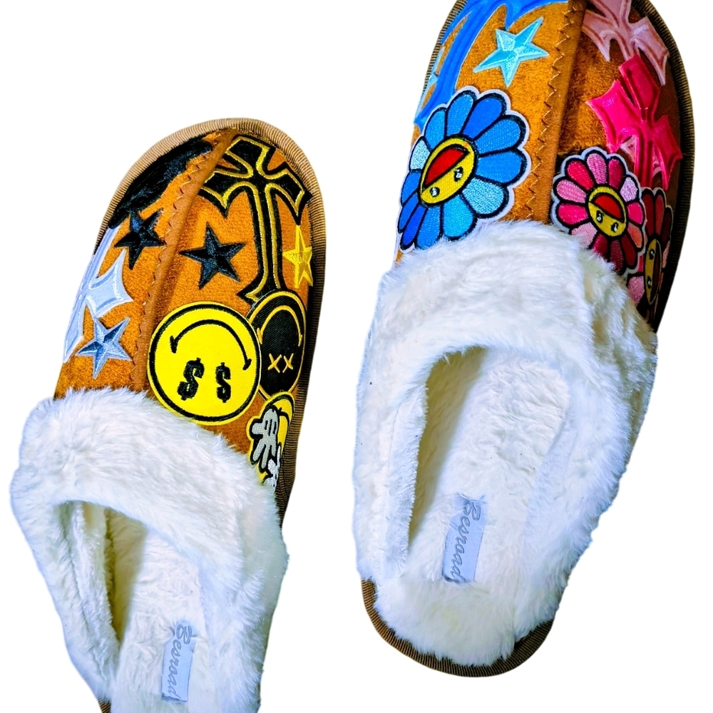Colorful Embroidered Loafers with White Fur Lining